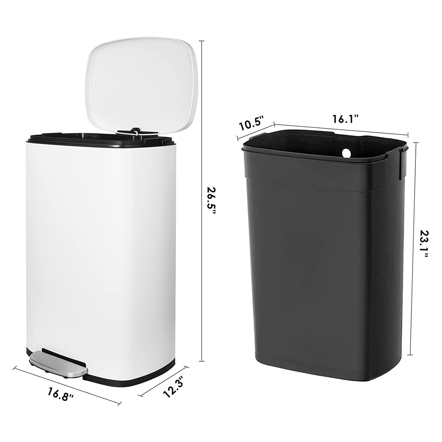 Arlopu 50L/13.2 Gallon Trash Can with Foot Pedal, Kitchen Garbage Bin with Soft Close Lid, Rectangular Waste Bin for Home Office Bathroom