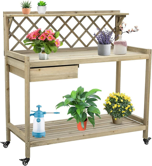 Arlopu Garden Potting Bench with Wheels, Wooden Workstation Table with Cabinet Drawer, Open Storage Shelf