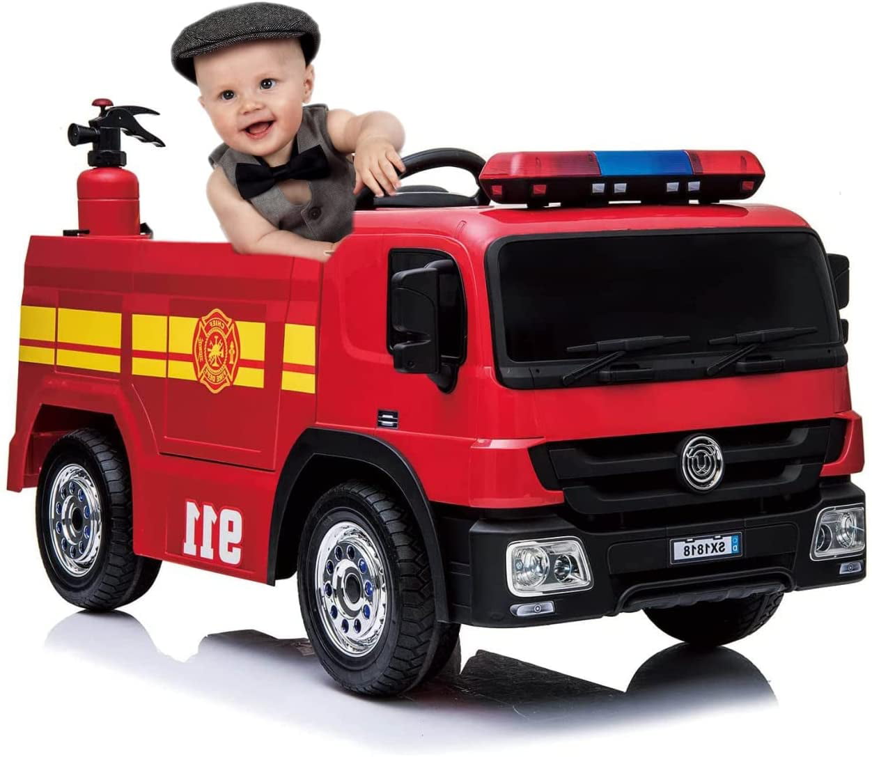 Arlopu Kids 12V Ride On Fire Truck, Battery Powered Toy Car, with Parent Remote Control, Spring Suspension, Simulation Kids' Electric Vehicles, Power Wheels with Accessories, LED Lights, MP3 Player