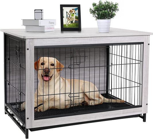 Arlopu 38.6'' Dog Crate Furniture, Wooden Side End Table, Modern Dog Kennel with Double Doors, Heavy-Duty Dog Cage with Pull-Out Removable Tray, Indoor Medium/Large/Small Pet House Furniture