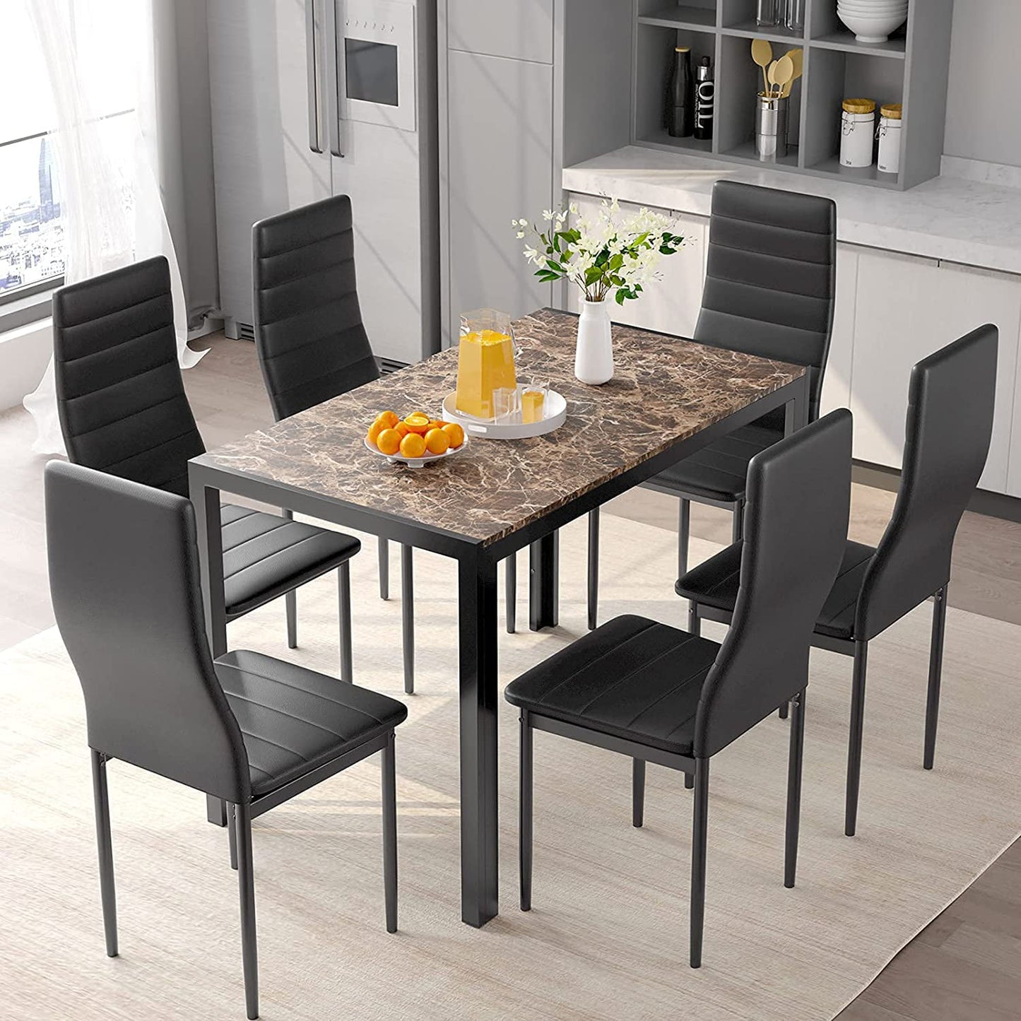 Arlopu 7-Piece Kitchen Dining Table Set for 6, Rectangle MDF Table and 6 PU Leather Chairs for Kitchen, Dining Room