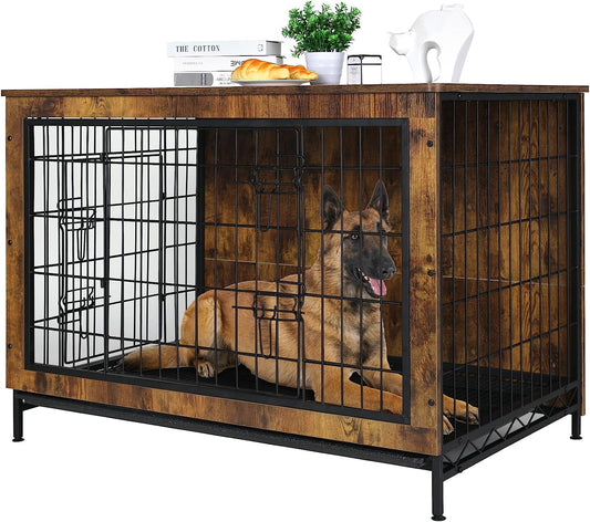 Arlopu 44.1" Dog Crate Furinture, Side End Table Wooden Dog Cage with Double Doors Dog Kennel Indoor for Large/Medium/Small Dogs