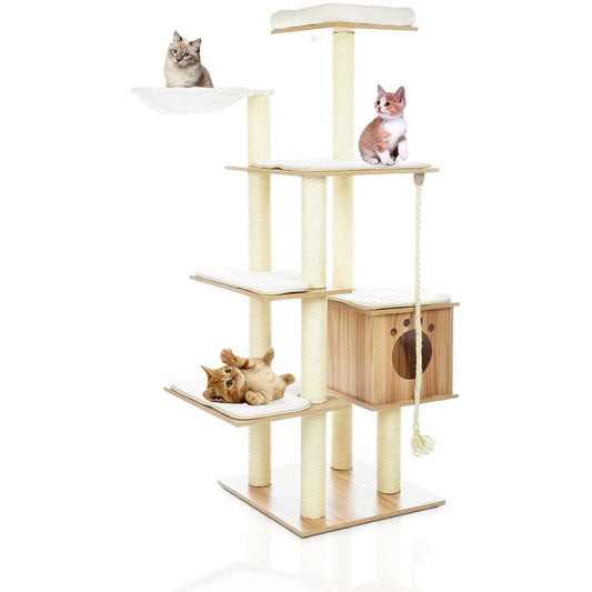 Arlopu 69'' Wood Large Cat Tree Tower, Modern Multi-Level Cat Climbing Stand, Tall Cat Condo Home & Garden, Cat Activities House W/ Scratching Post, Mats, Perch, Hammock