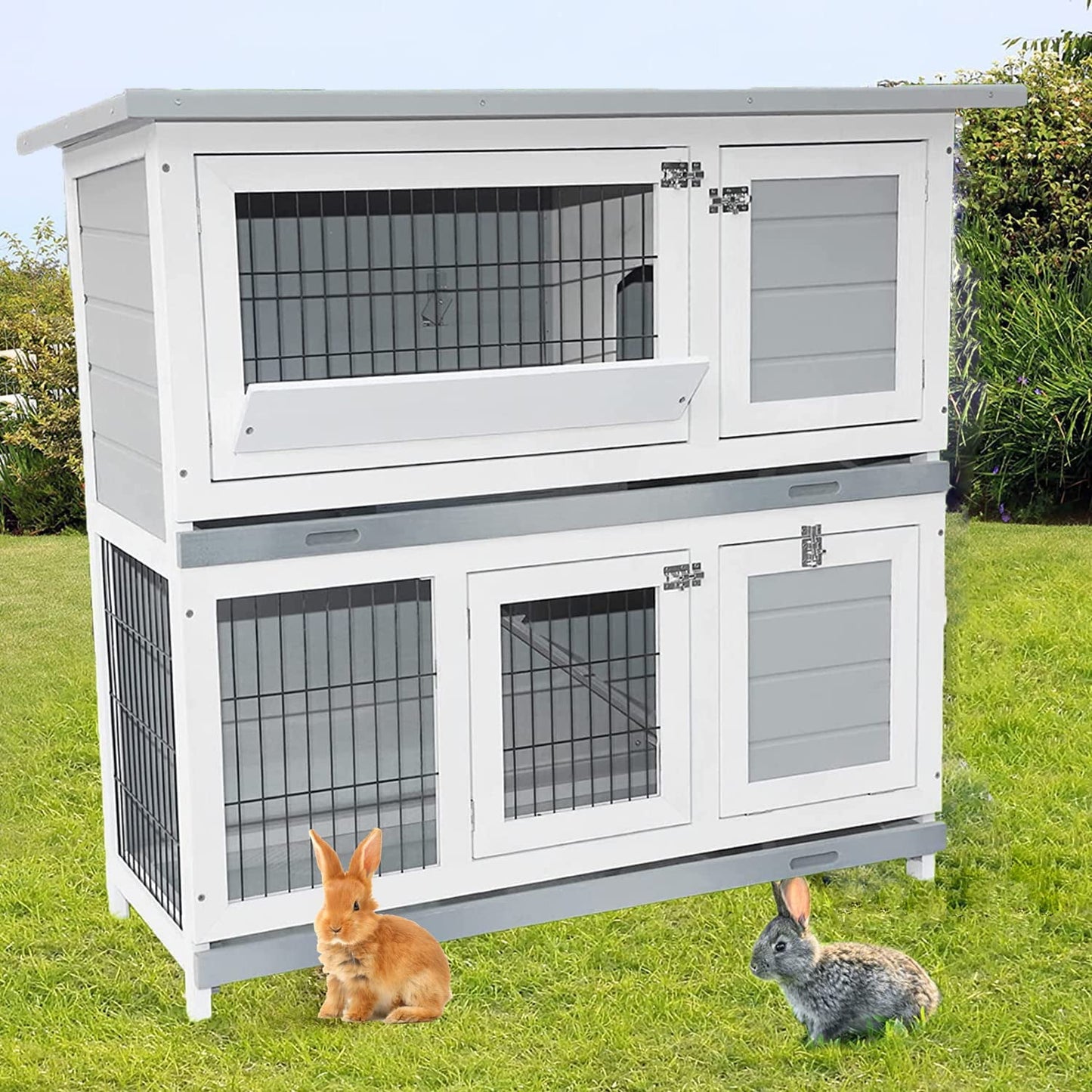 Arlopu 42.3" Rabbit Hutch, Wooden Bunny Cage Chicken Coop, Outdoor Backyard Bunny House, 2-Story Cage for Small Animals