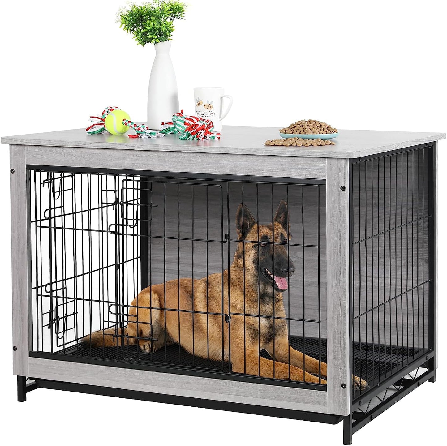 BINGOPAW Large Wooden Dog Crate / Kennel - Heavy Duty Cage With Tray, End Table Furniture Style (38.38"L)