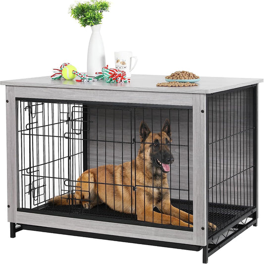 Arlopu 44.1'' Dog Crate Furniture, Wooden Side End Table, Modern Dog Kennel with Double Doors, Heavy-Duty Dog Cage with Pull-Out Removable Tray, Indoor Medium/Large/Small Pet House Furniture