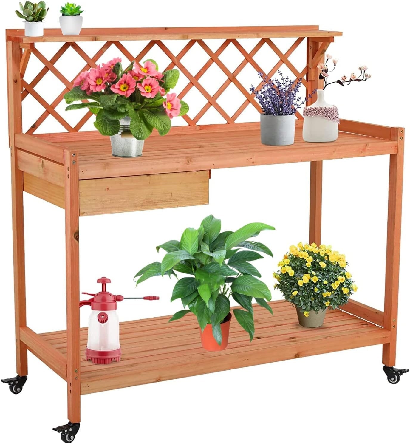 Arlopu Garden Potting Bench, Wooden Planting Table with Wheels, Outside Workstation Table W/ Cabinet Drawer