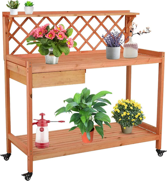 Arlopu Garden Potting Bench, Wooden Planting Table with Wheels, Outside Workstation Table W/ Cabinet Drawer