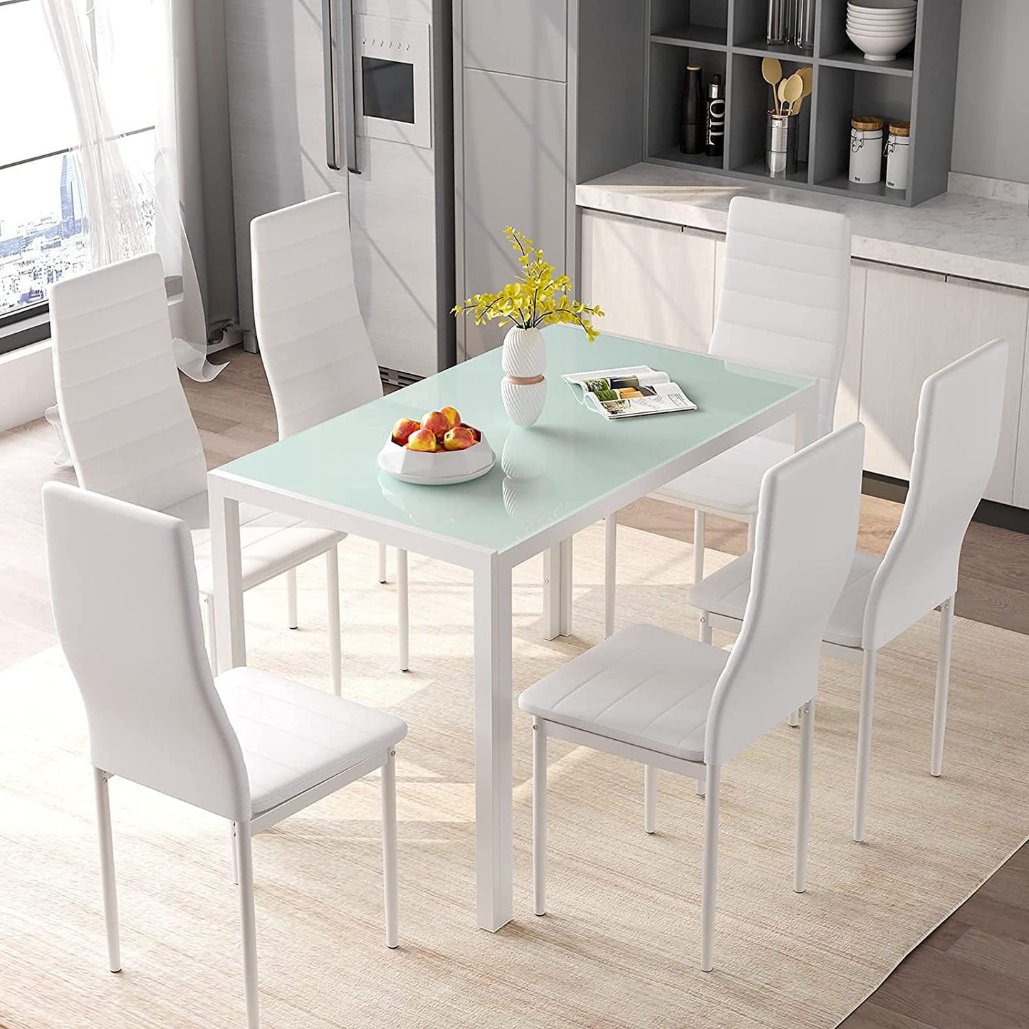 Arlopu 7 Piece Kitchen Dining Table Set for 6, Glass Dining Table and 6 PU Leather Chairs - White