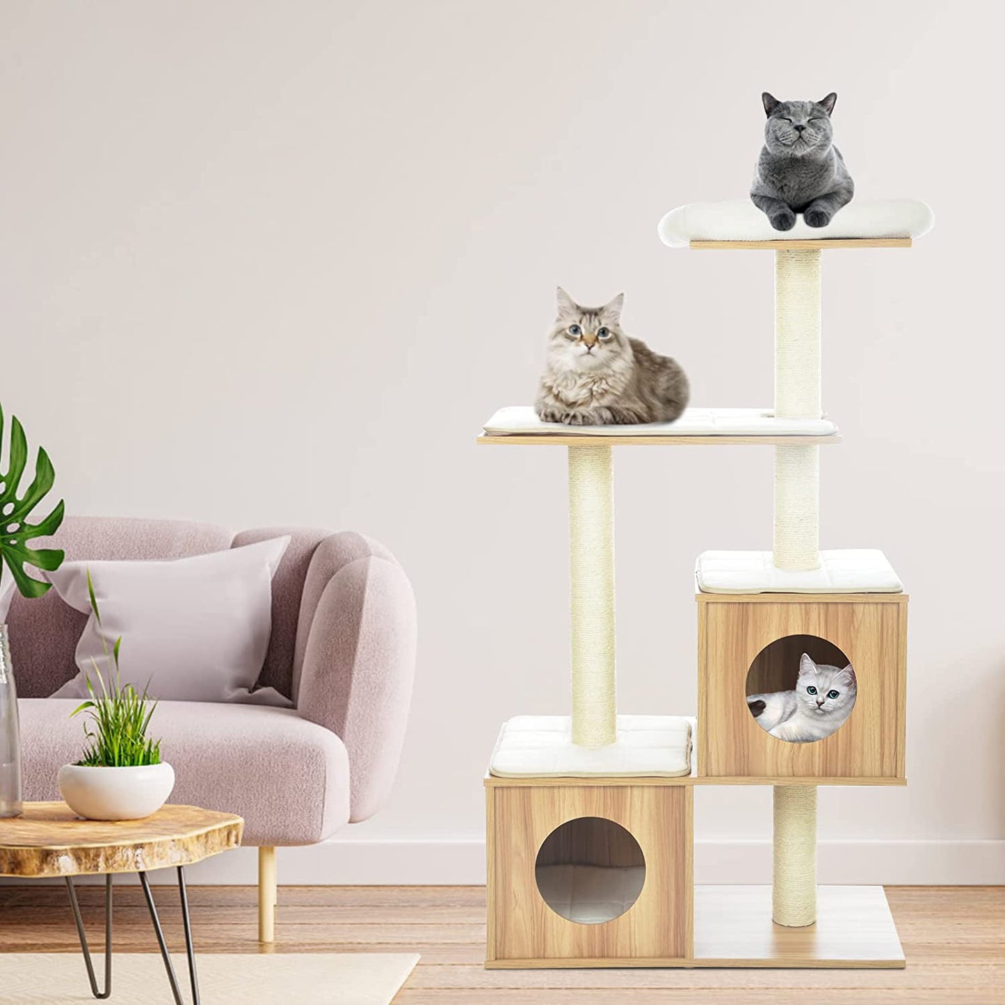 Arlopu Modern Wooden Cat Tree Tower, Large Cat Condo Furniture with Multi-Layer Platform, 55.6" Tall Cat Climbing Stand House with Sisal Scratching Post, Washable Plush Cushion for Kittens / Large Cats