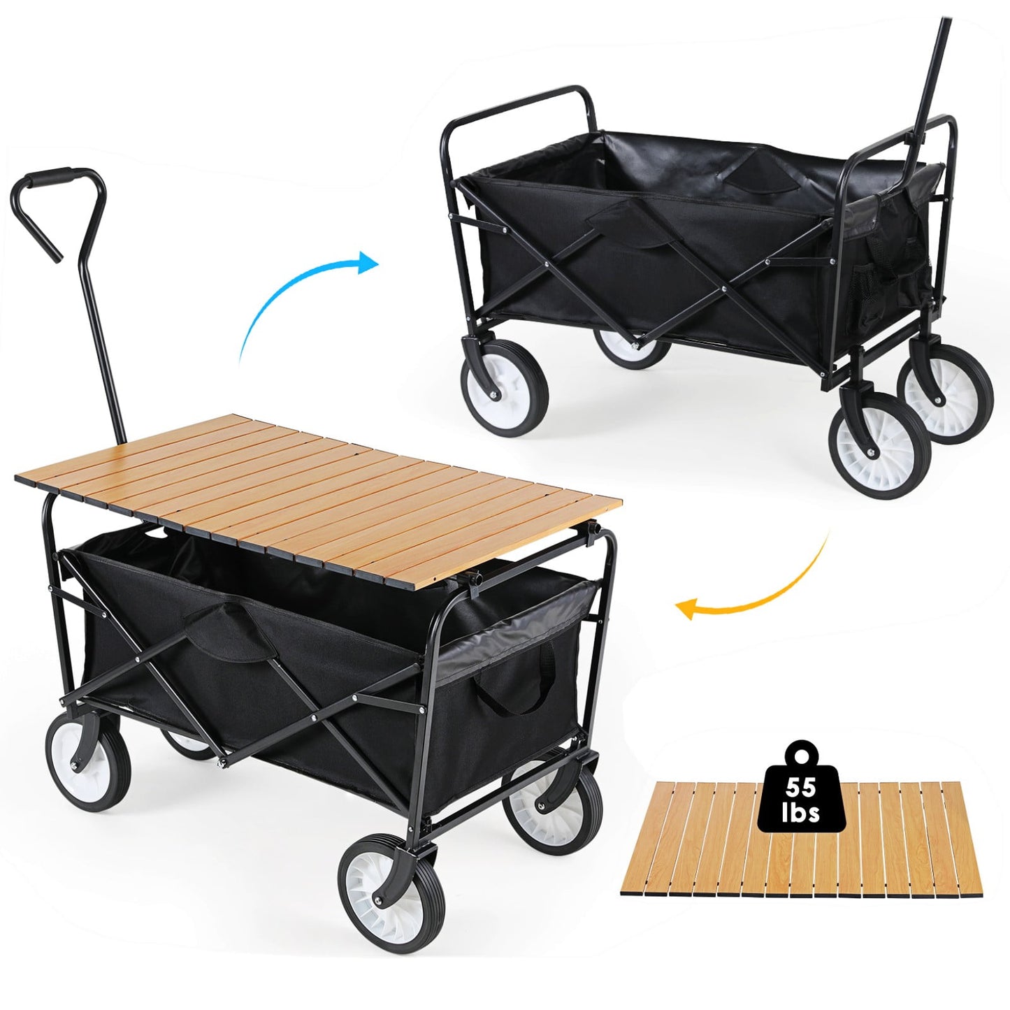 Arlopu Collapsible Utility Wagon Cart with Folding Table Plate, Portable Wagon with Aluminum Alloy Table Combo for Outdoor Picnic, Camping, Grocery Shopping, 150 lbs