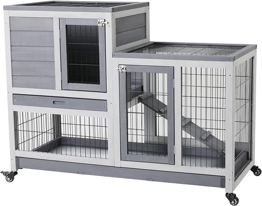 Arlopu Rabbit Hutch with Casters, Outdoor Backyard 2-Story Bunny Cage, Wooden Poultry Cage for Small Animals & Pet Suppliess