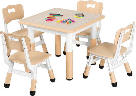 Arlopu 5 Pieces Kids Study Table and 4 Chair Set, Height Adjustable Toddler Table and Chair Set for 4, Multifunctional Toddler Table, Reading, Drawing, Eating Interaction