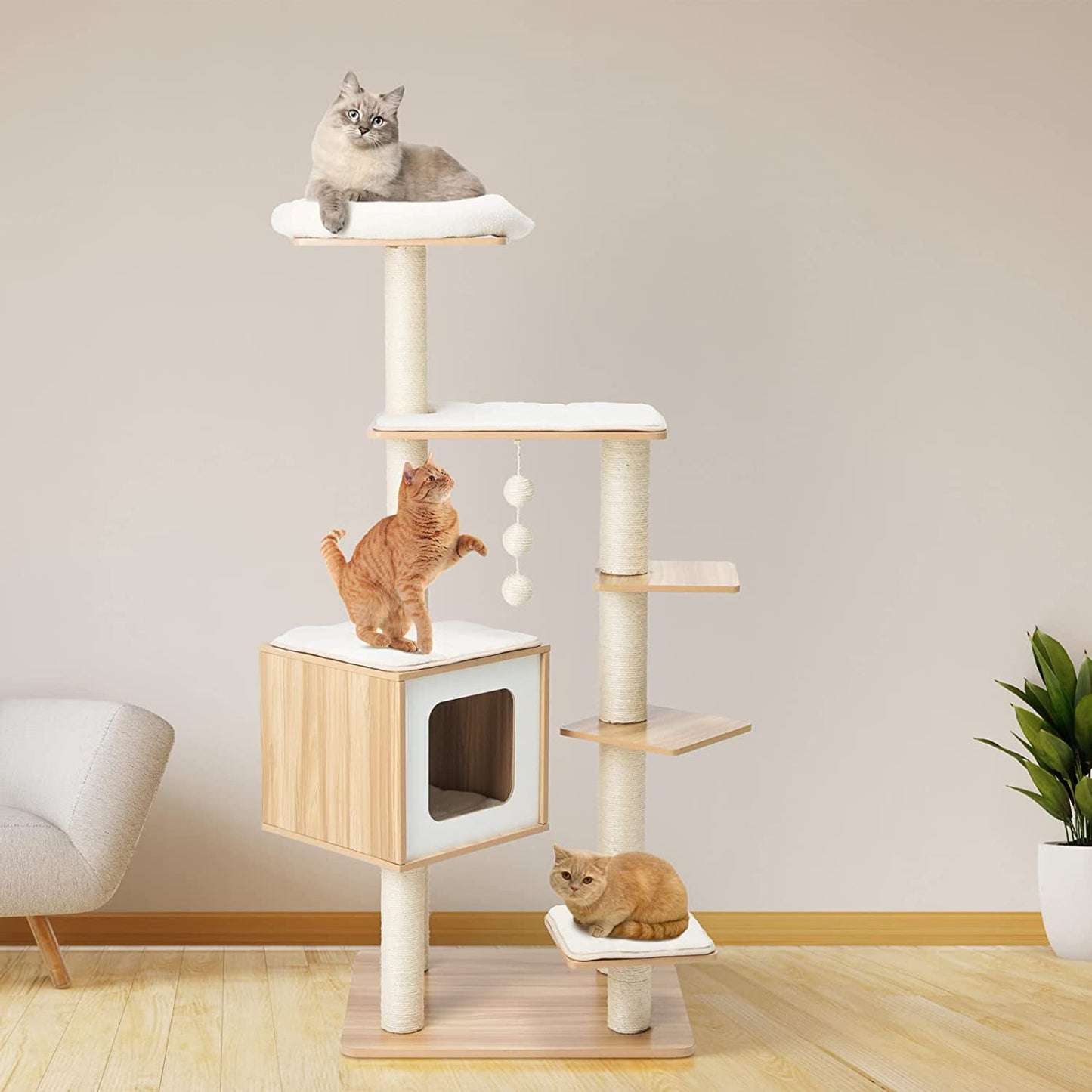 Arlopu 55'' Tall Modern Cat Tree Tower for Indoor Cats, Wooden Cat Climbing Stand Furniture, 6 Level Platform Cat Activities Condo House with Scratch Post, Washable Mats & Top Perch, for Kittens & Large Cats