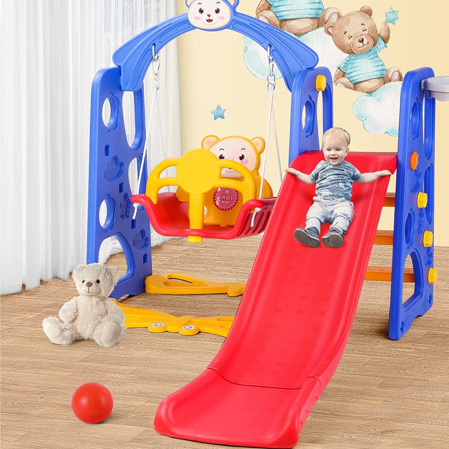 Arlopu Freestanding Toddler Slide and Swing Set, Kids Climber Slide Playset with Basketball Hoop & Ball Indoor Outdoor Backyard Playground