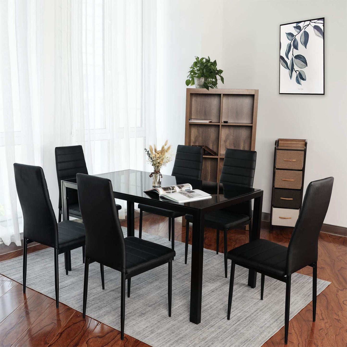 Arlopu 7 Piece Kitchen Dining Table Set for 6, Glass Dining Table and 6 PU Leather Chairs - Black