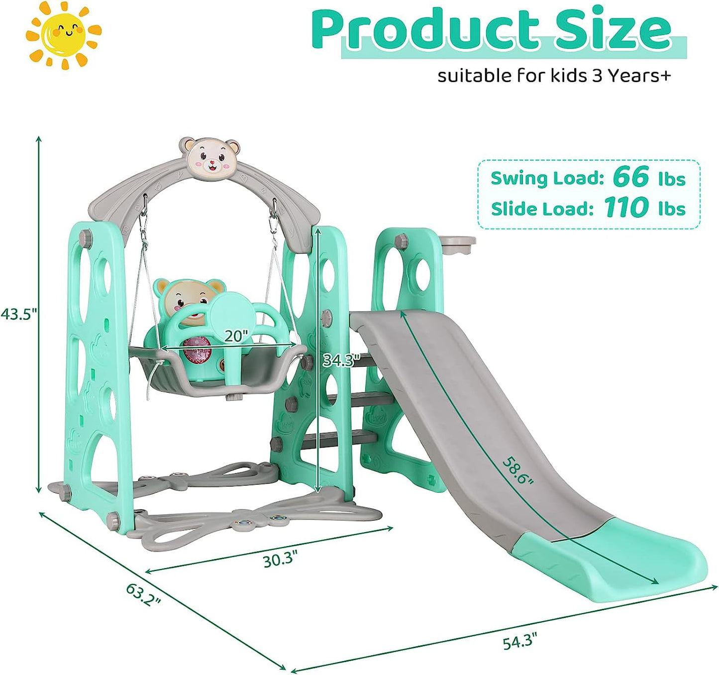 Arlopu Toddler Slide and Swing Set, 4 in 1 Kids Anti-Slip Climber Slide Playset with Basketball Hoop, Outdoor Indoor Playground for Children 3-6 Years