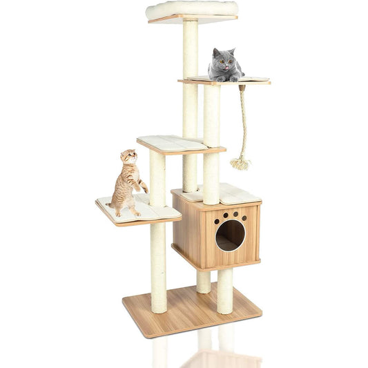 Arlopu 68'' Large Cat Tree, Multi-Level Wood Cat Tower Climbing Tree with Condo, Sisal Scratching Posts & Mats for Kitten, Large Cats