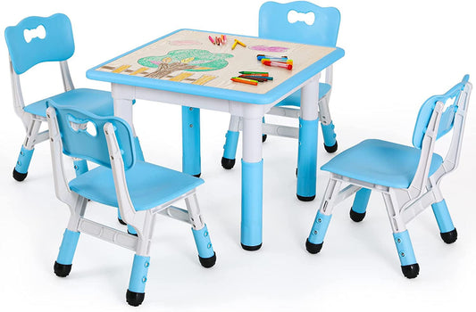 Arlopu Kids Study Table and 4 Chairs Set, Height Adjustable Toddler Arts & Crafts Multi Activity Table with Graffiti Desktop, for Classroom / Daycare / Home